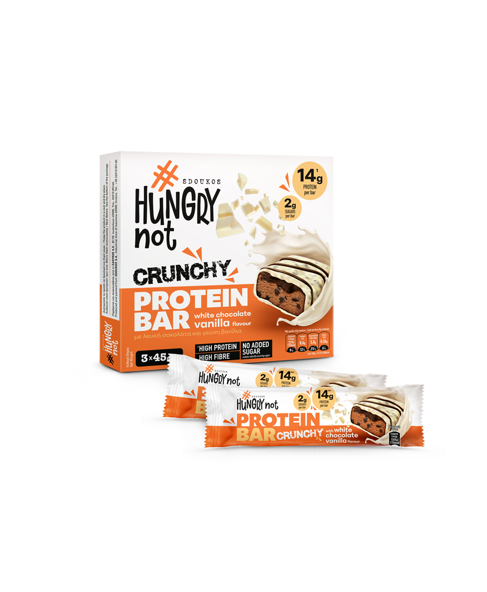 HUNGRY NOT CRUNCHΥ PROTEIN BAR WITH WHITE CHOCOLATE AND VANILLA FLAVOUR, with sugars and sweeteners and from Stevia plant 3x45g or 12x45g