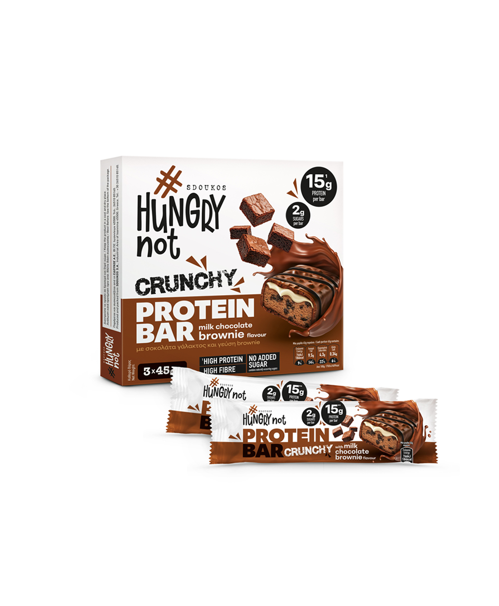 HUNGRY NOT CRUNCHΥ PROTEIN BAR WITH MILK CHOCOLATE AND BROWNIE FLAVOUR, with sugars and sweeteners and sweeteners and from Stevia plant 3x45g & 12x45g 