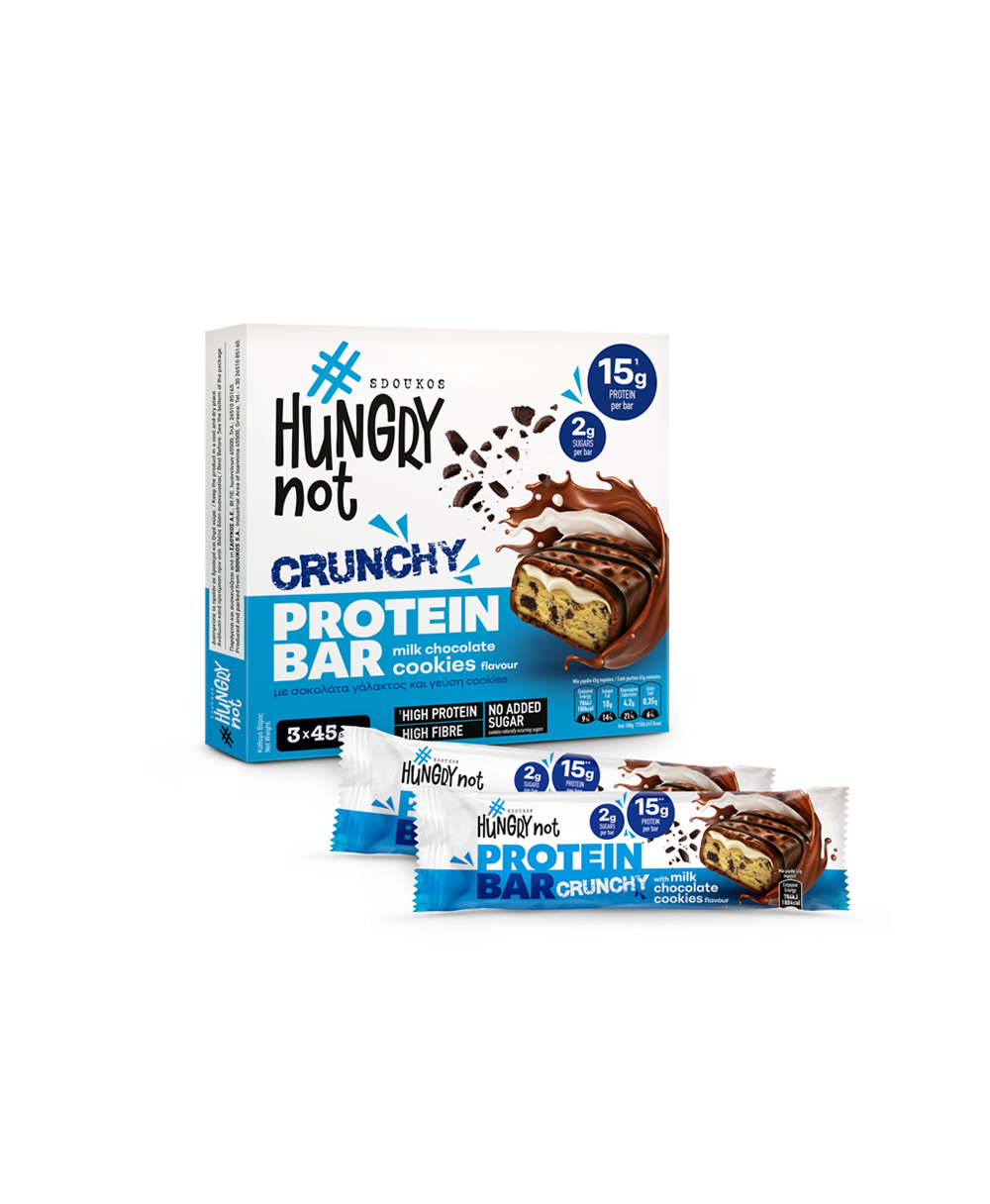 HUNGRY NOT CRUNCHΥ PROTEIN BAR WITH MILK CHOCOLATE AND COOKIES FLAVOUR, with sugars and sweeteners and from Stevia plant 3x45g or 12x45g