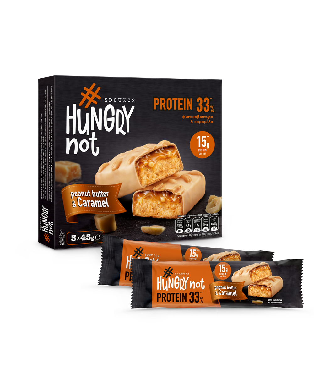 HUNGRY NOT ΜΠΑΡΑ ΥΨΗΛΗΣ ΠΕΡΙΕΚΤΙΚΟΤΗΤΑΣ ΣΕ ΠΡΩΤΕΪΝΗ ΜΕ ΦΙΣΤΙΚΟΒΟΥΤΥΡΟ & ΚΑΡΑΜΕΛΑ, με σάκχαρα και γλυκαντικά 3x45g