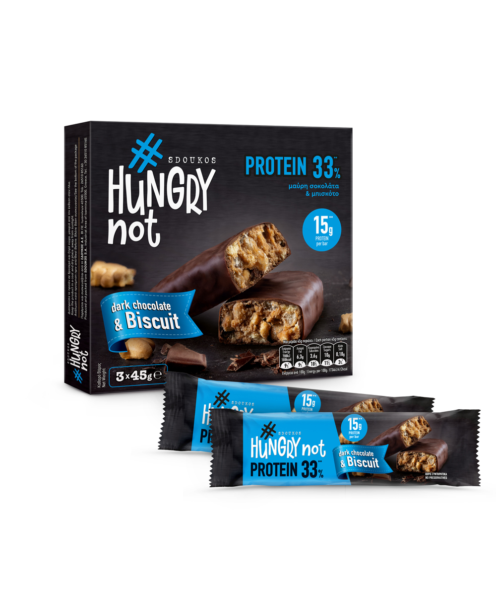 HUNGRY NOT ΜΠΑΡΑ ΠΡΩΤΕΪΝΗΣ Με ΜΑΥΡΗ ΣΟΚΟΛΑΤΑ Και ΜΠΙΣΚΟΤΟ 3x45g