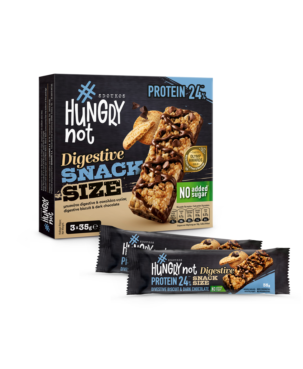 HUNGRY NOT SNACK SIZE DIGESTIVE ΜΠΑΡΑ ΠΡΩΤΕΪΝΗΣ ΜΕ ΣΟΚΟΛΑΤΑ ΥΓΕΙΑΣ, με σάκχαρα και γλυκαντικά 3x35g