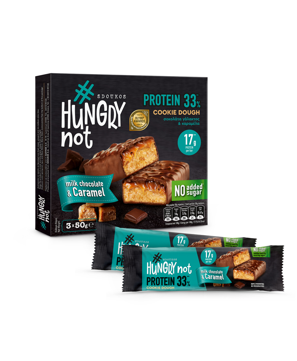 HUNGRY NOT ΜΠΑΡΑ ΠΡΩΤΕΪΝΗΣ COOKIE DOUGH ΜΕ ΣΟΚΟΛΑΤΑ ΓΑΛΑΚΤΟΣ ΚΑΙ ΚΑΡΑΜΕΛΑ, με σάκχαρα και γλυκαντικά 3x50g