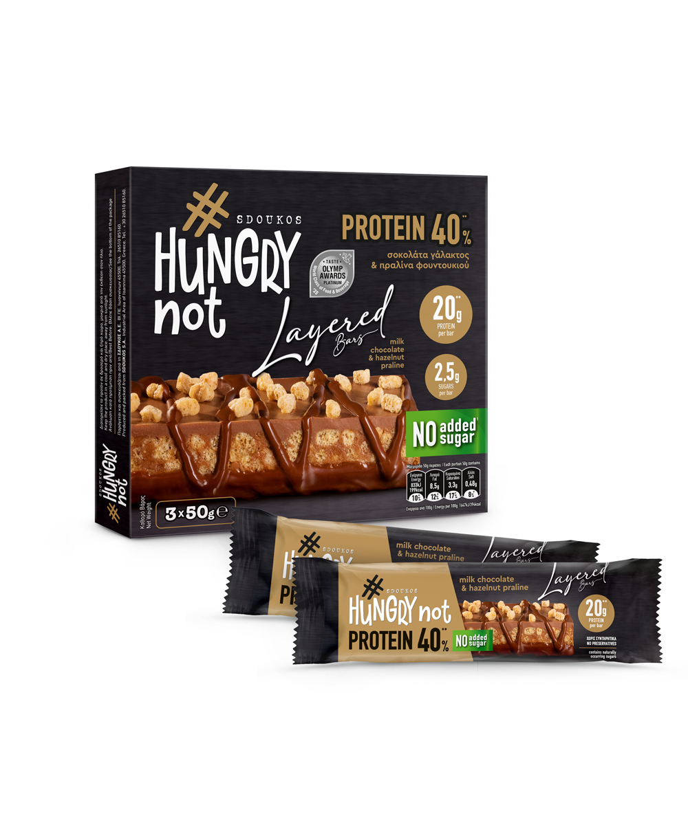 HUNGRY NOT PROTEIN BAR WITH HAZELNUT PRALINE LAYER AND MILK CHOCOLATE BASE COATING, with sugars and sweeteners 3x50g