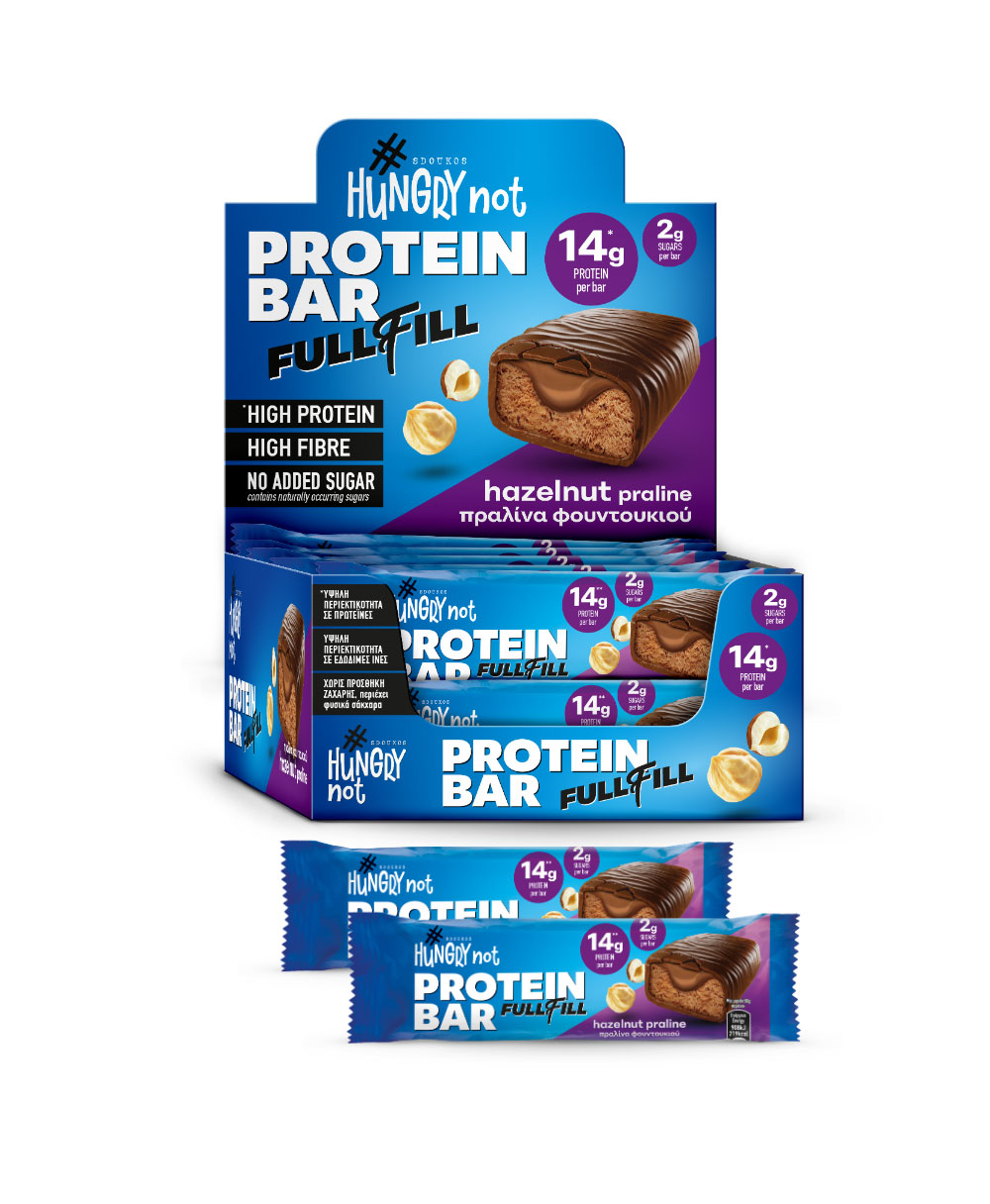 HUNGRY NOT FULLFILL PROTEIN BAR WITH HAZELNUT PRALINE, with sugars and sweeteners 50g