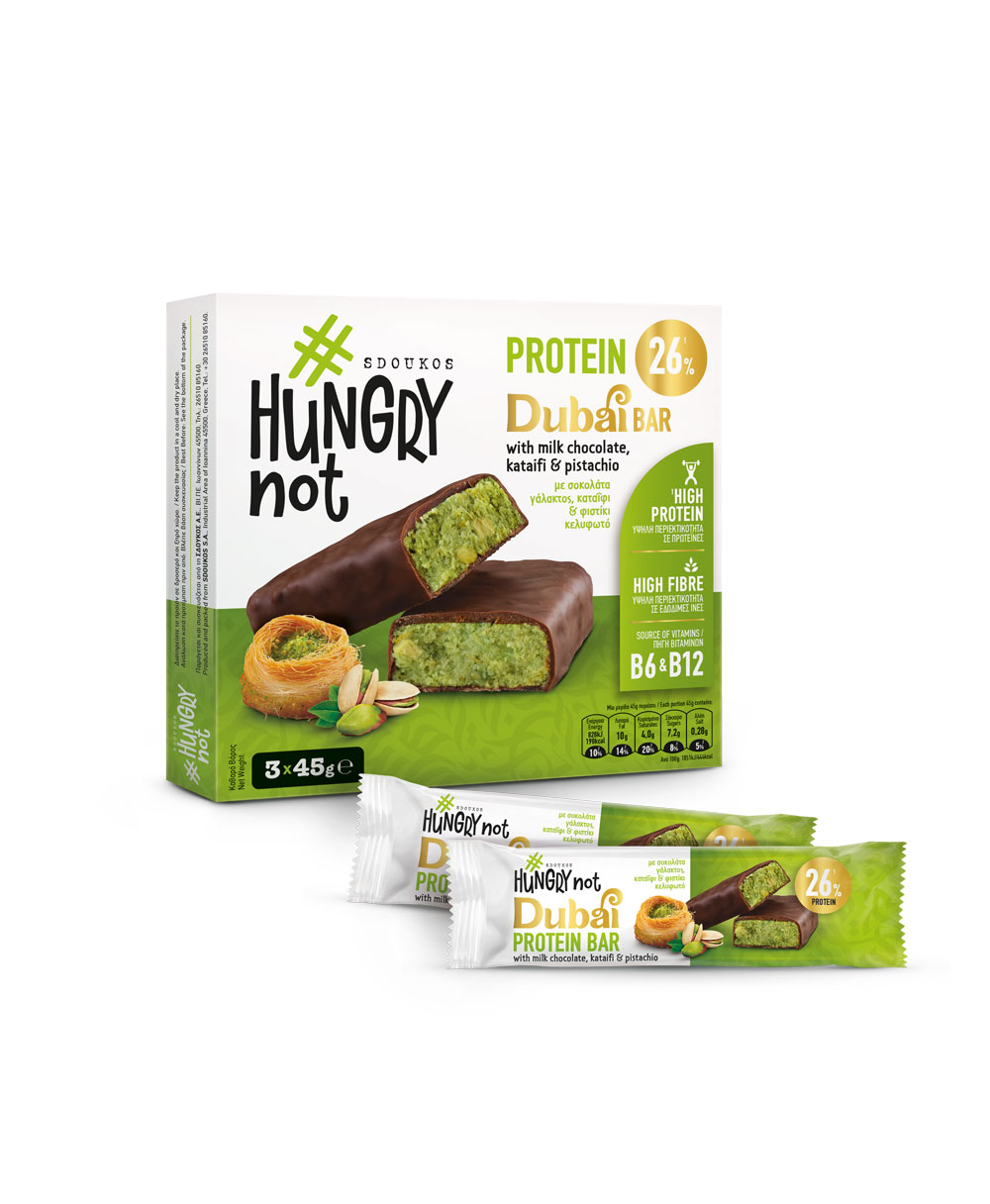 HUNGRY NOT DUBAI PROTEIN BAR WITH MILK CHOCOLATE, KATAIFI AND PISTACHIO, with sugars and sweeteners and from Stevia plant 135g (3x45g)
